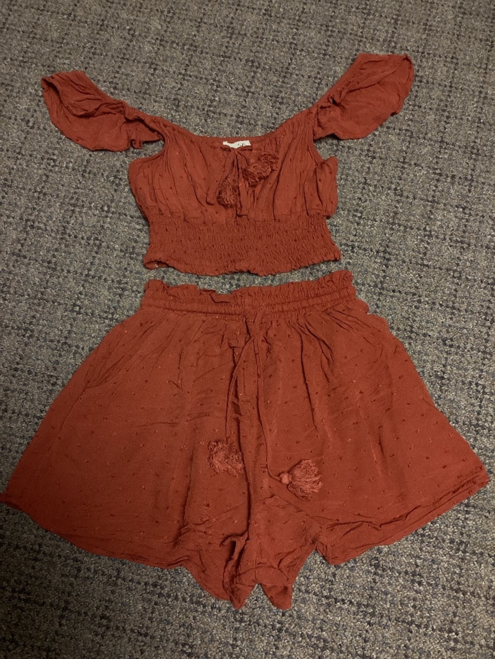 Live To Be Spoiled Rust Orange Smocked Off-Shoulder Top & Shorts Set Size XS